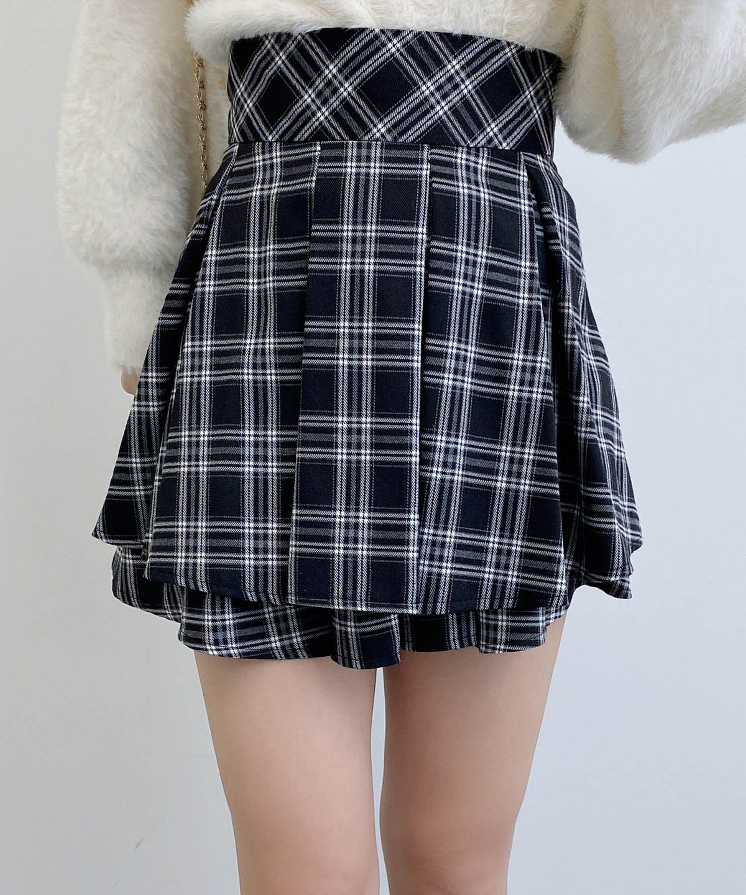 バックレースアップチェック柄タックフレアスカート[品番：INGW0011200