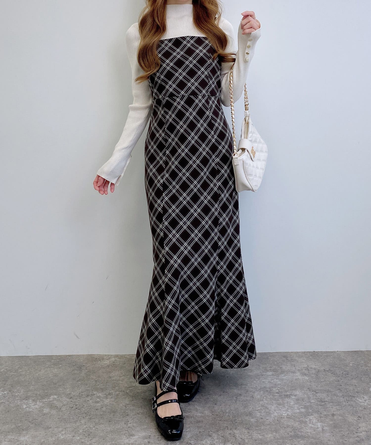 BackレースUPチェック柄マーメイドキャミワンピ[品番：INGW0011199