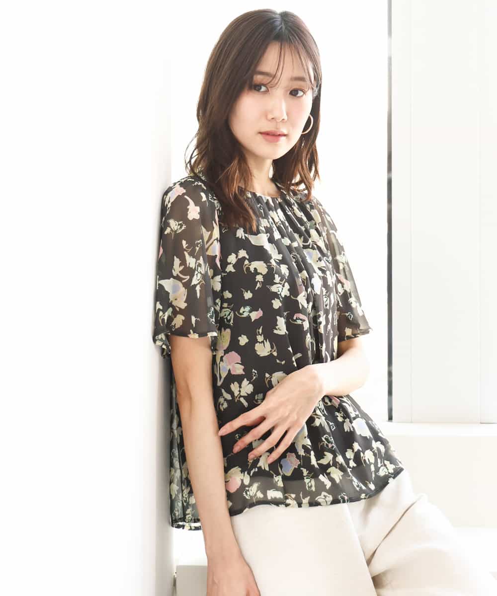 フレアースリーブ花柄シフォンブラウス/洗える[品番