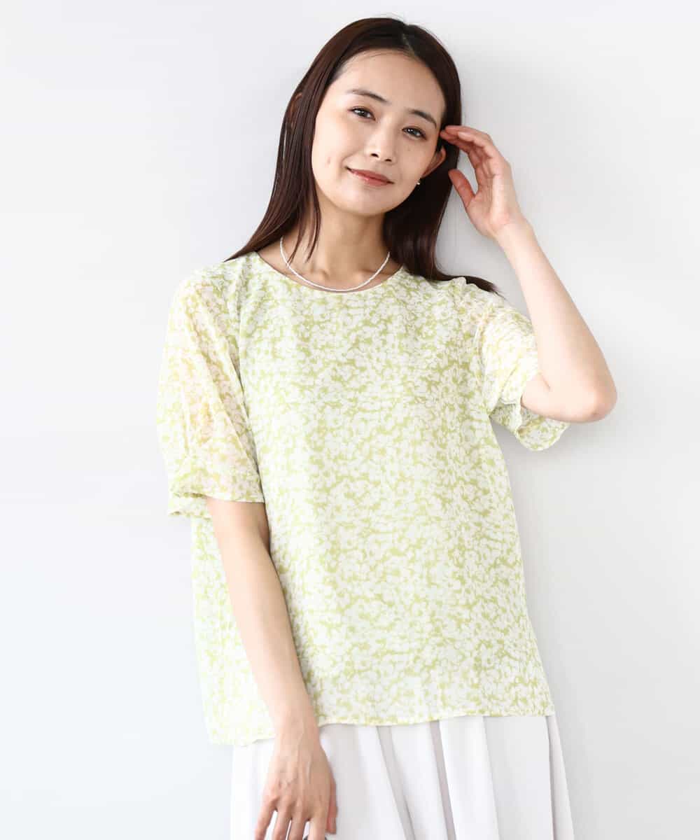 小花柄タックスリーブシフォンブラウス/洗える[品番