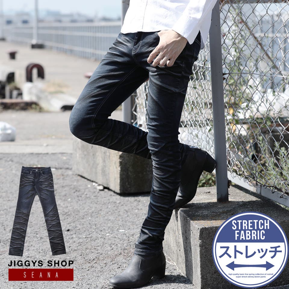 定番 韓国 服◇SEANAパワーストレッチウェーブ加工デニムスキニー 