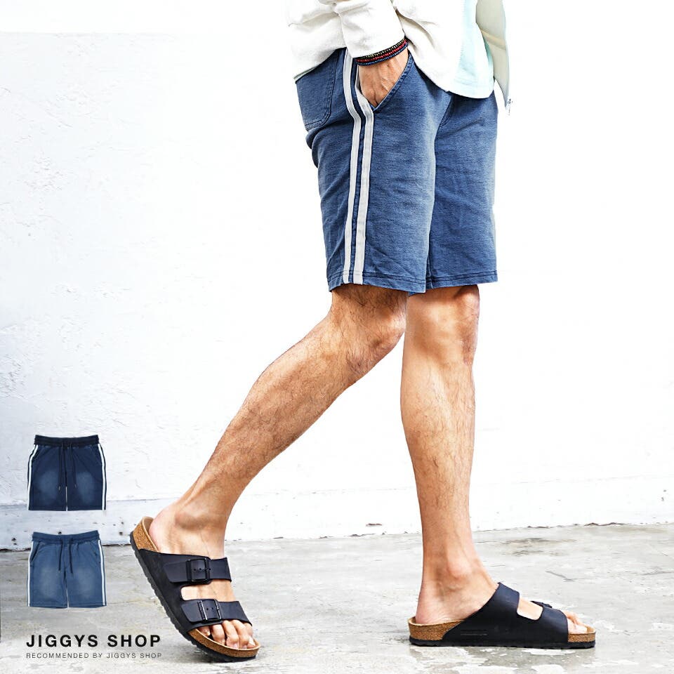 ショートパンツ メンズ 夏服 韓国◇ラインインディゴ裏毛ショーツ