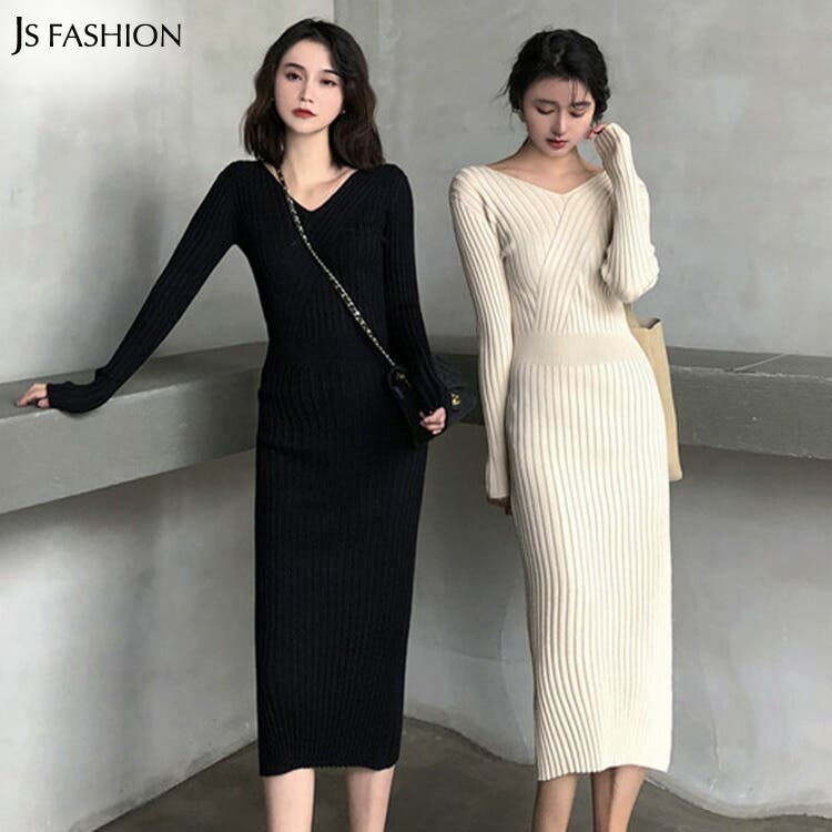 ロングニットワンピース 全2色 リブニット[品番：JSFW0008868