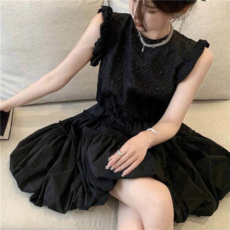 予約]アメスリドッキングナイロンバルーンワンピース/ブラック