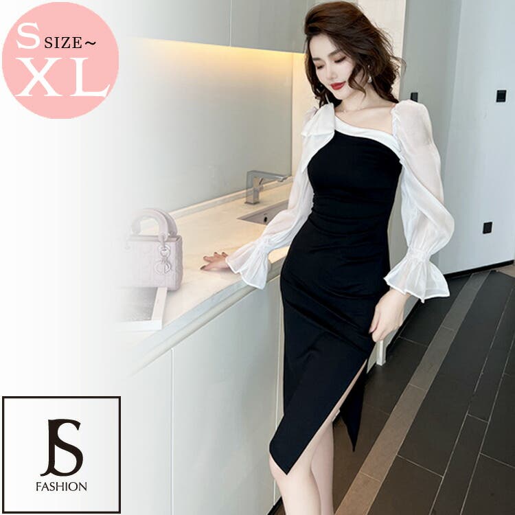 バイカラーがオシャレなスリット入り オフショル 膝下丈ドレス シアーミックスのオフショルダー マキシ丈スリットタイトドレス 白