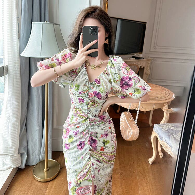 春のコレクション 花柄ワンピ ボリュームスリーブ[品番：JSFW0010471]｜JS 総柄 ワンピース
