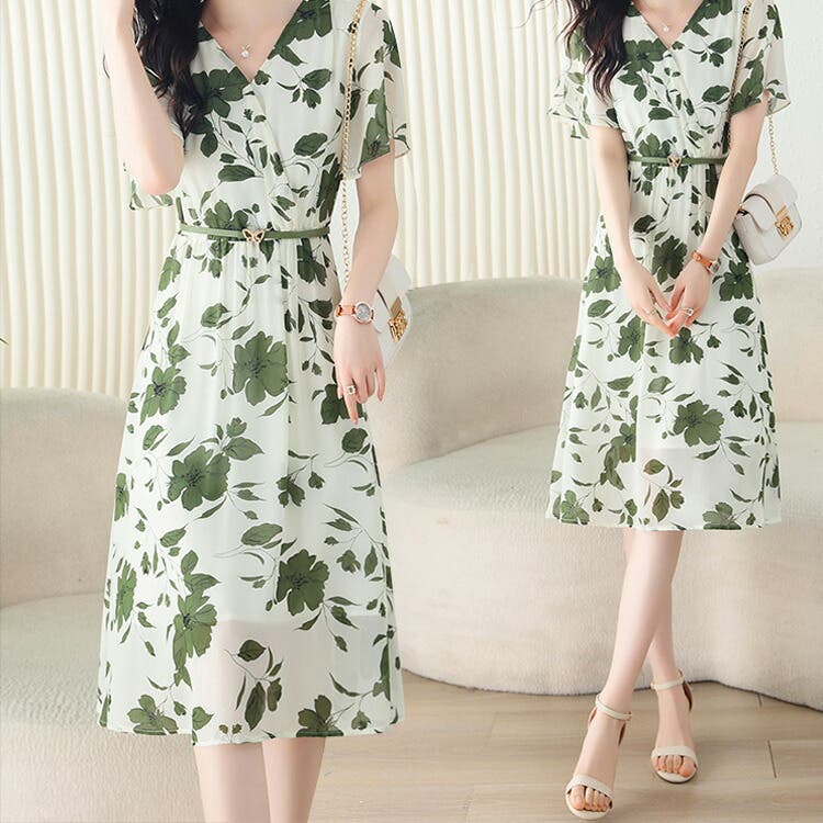 花柄ワンピース Vネック 半袖[品番：JSFW0010966]｜JS FASHION