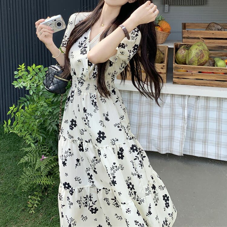 全品送料0円 花柄ワンピース Vネック 全2色[品番：JSFW0011086]｜JS FASHION ワンピース