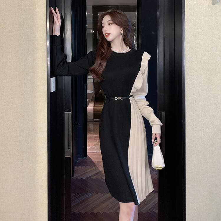 ニットワンピース 全2色 プリーツ切替[品番：JSFW0012004]｜JS FASHION