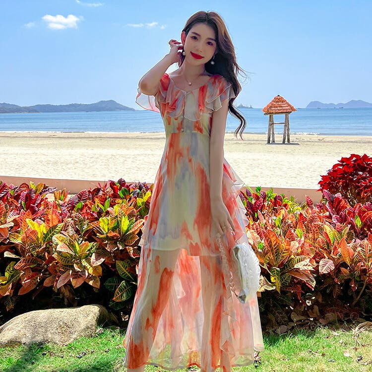 シースルー チュール ロング ワンピース パーティー リゾート 総フラワー刺繍シースルーロングドレス ロングワンピース 結婚式