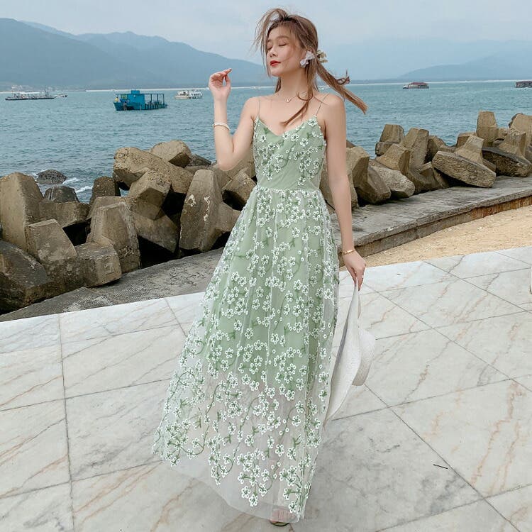 【Since Then】花柄フレンチ リゾートスタイルドレス 花柄刺繍レースドレス(グレー)H1-402GRY-S | パーティドレススタイル