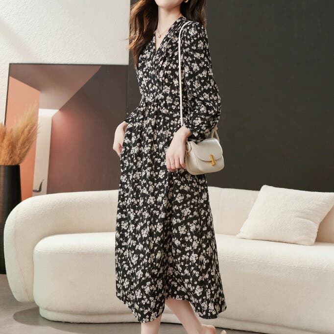 花柄ワンピース ウエストゴム Aライン[品番：JSFW0015390]｜JS FASHION