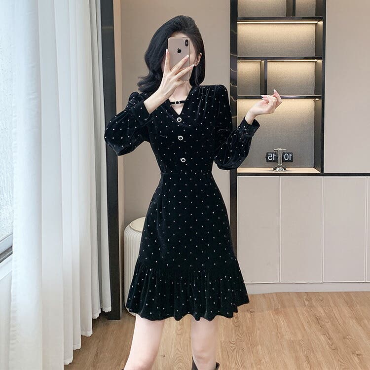 パーティードレス ベロアワンピ ドット風[品番：JSFW0014372]｜JS