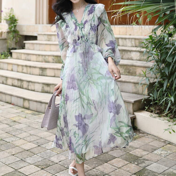 花柄ワンピ フリル シフォン[品番：JSFW0012925]｜JS FASHION（ジェー