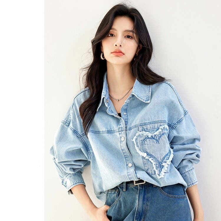 ディーゼ　ユーズド加工　フリルデザイン デニムシャツ(XS) デニムシャツ ハートデザイン カジュアルシャツ[品番