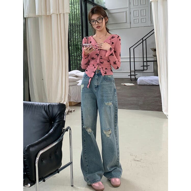 デニムパンツ ワイドストレート ダメージデニム[品番