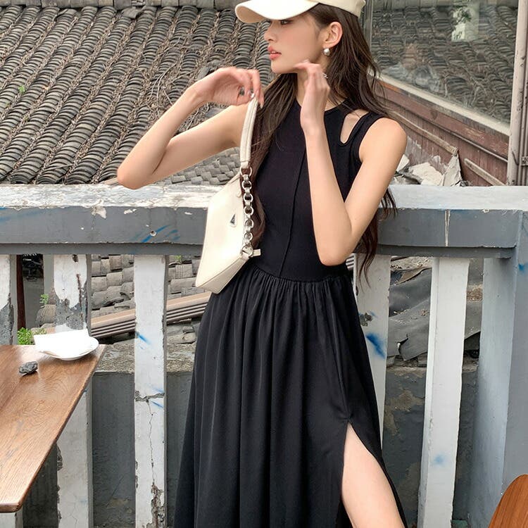肩カットオフ リブニット ワンピース★大人可愛い お洒落 素敵★ 肩カットオフ リブニット ワンピース☆大人可愛い お洒落 素敵☆