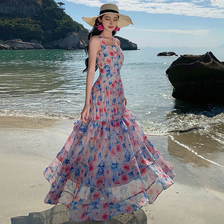 花柄ワンピース オシャレドレス リゾート Aライン リゾートワンピ 花柄 Aライン[品番：JSFW0013394]｜JS FASHION