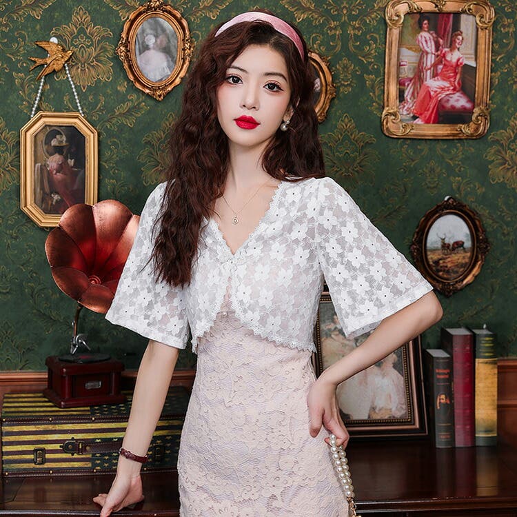 マーブル パフスリーブショートボレロ：黒×白レース ◇受注商品◇パフスリーブショートボレロ：白×白レース - MARBLE