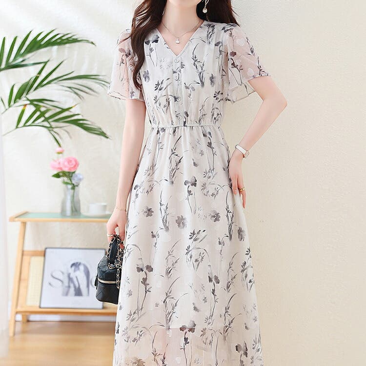 国内外の人気 花柄ワンピース Vネック Aライン[品番：JSFW0013943]｜JS レディースウェア