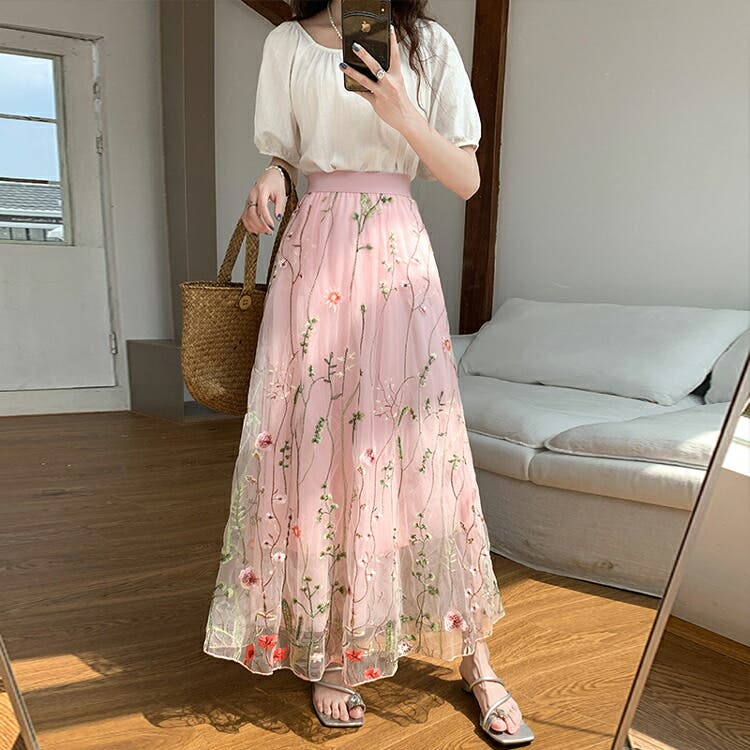【Free People】スケッチブック 刺繍チュール スカート セール】チュール刺繍エスカルゴスカート(505847344