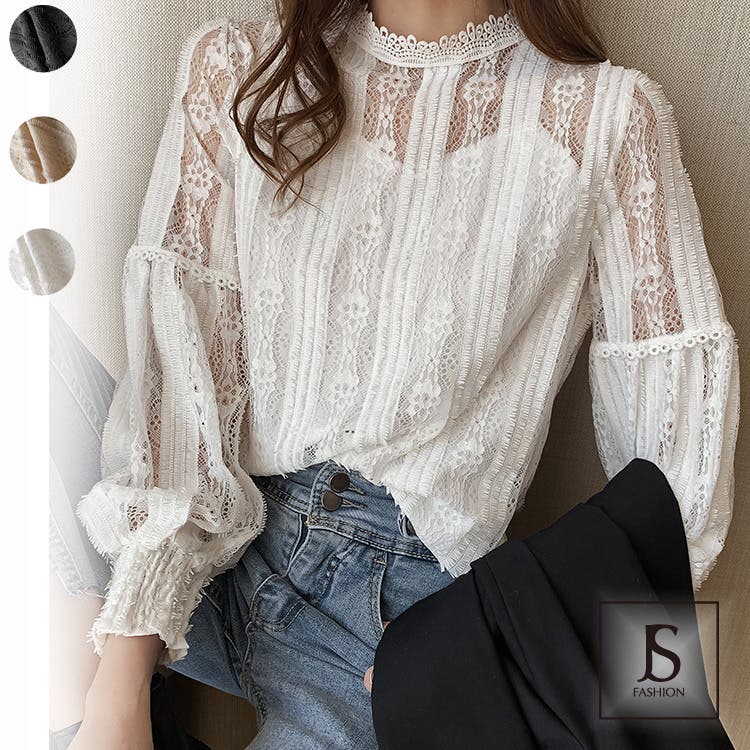 レースブラウス全3色 総レースブラウストップス 刺繍レース[品番