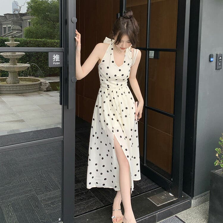 【Lakuo様】ドット柄オフショルダー ワンピース ドット柄 ホルターネック ワンピース[品番：JSFW0014952]｜JS
