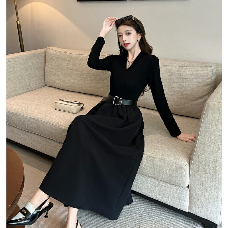 Vネック 切替 ロングニットワンピース[品番：JSFW0015002]｜JS FASHION