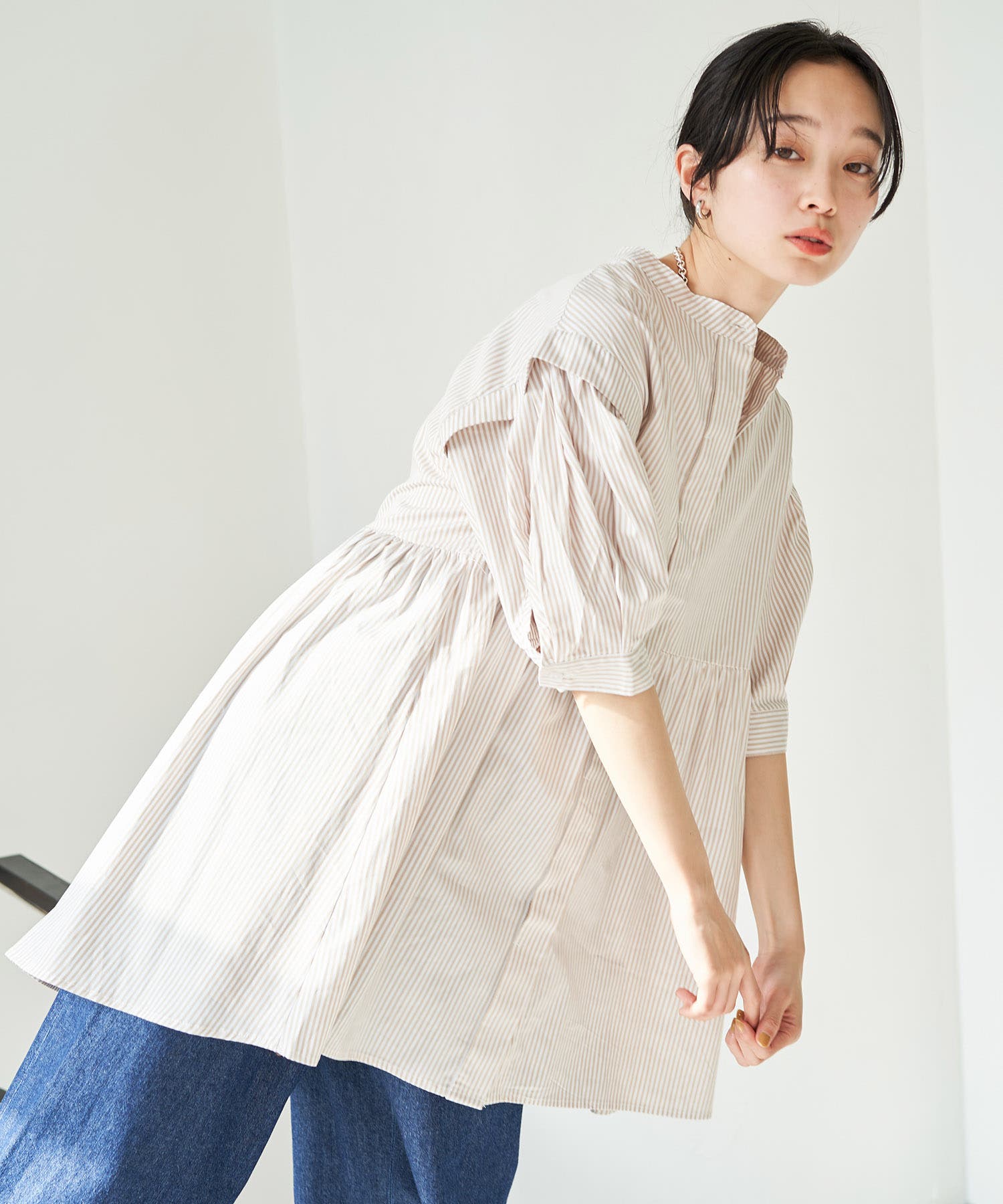 ストライプ/無地タイプライターチュニックブラウス[品番