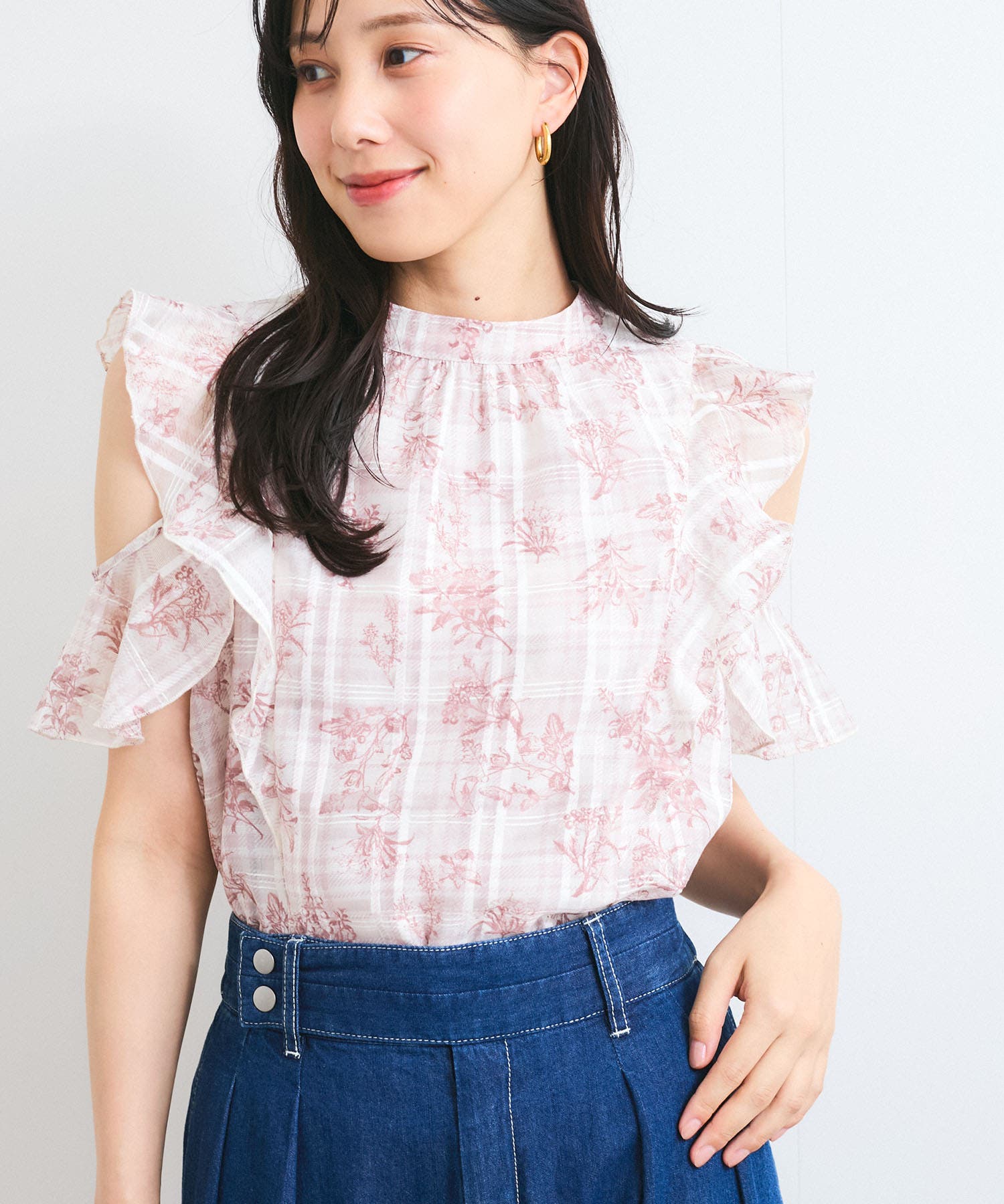 洗える】2WAYショルダーシアーチェックブラウス[品番：VISW0049684