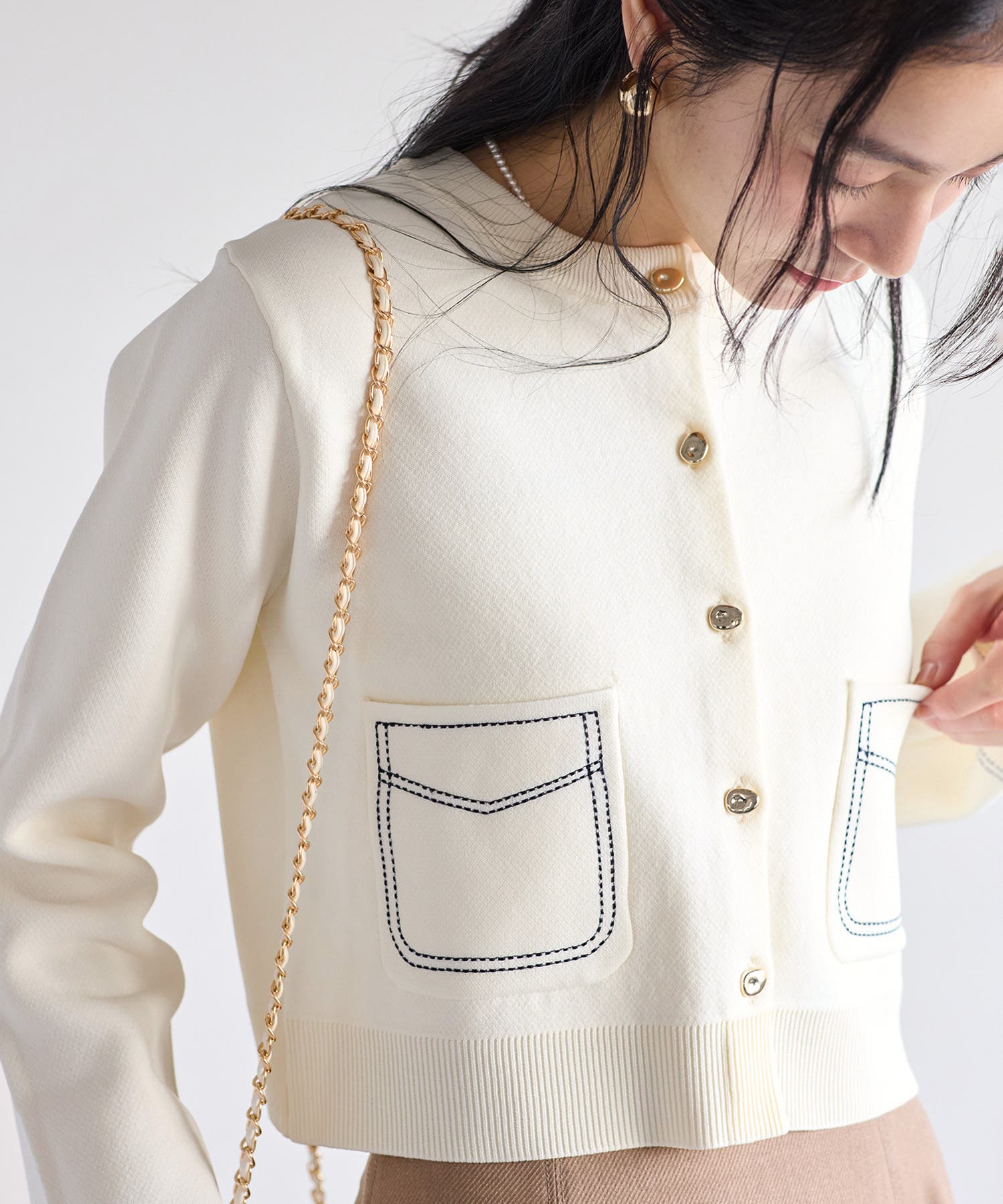 【アンパスィ】美品 ジップジャケット ニット 裏地付き Mサイズ レディース 抗菌防臭》サマ美え 金釦ニットジャケット CROSS FUNCTION｜クロス