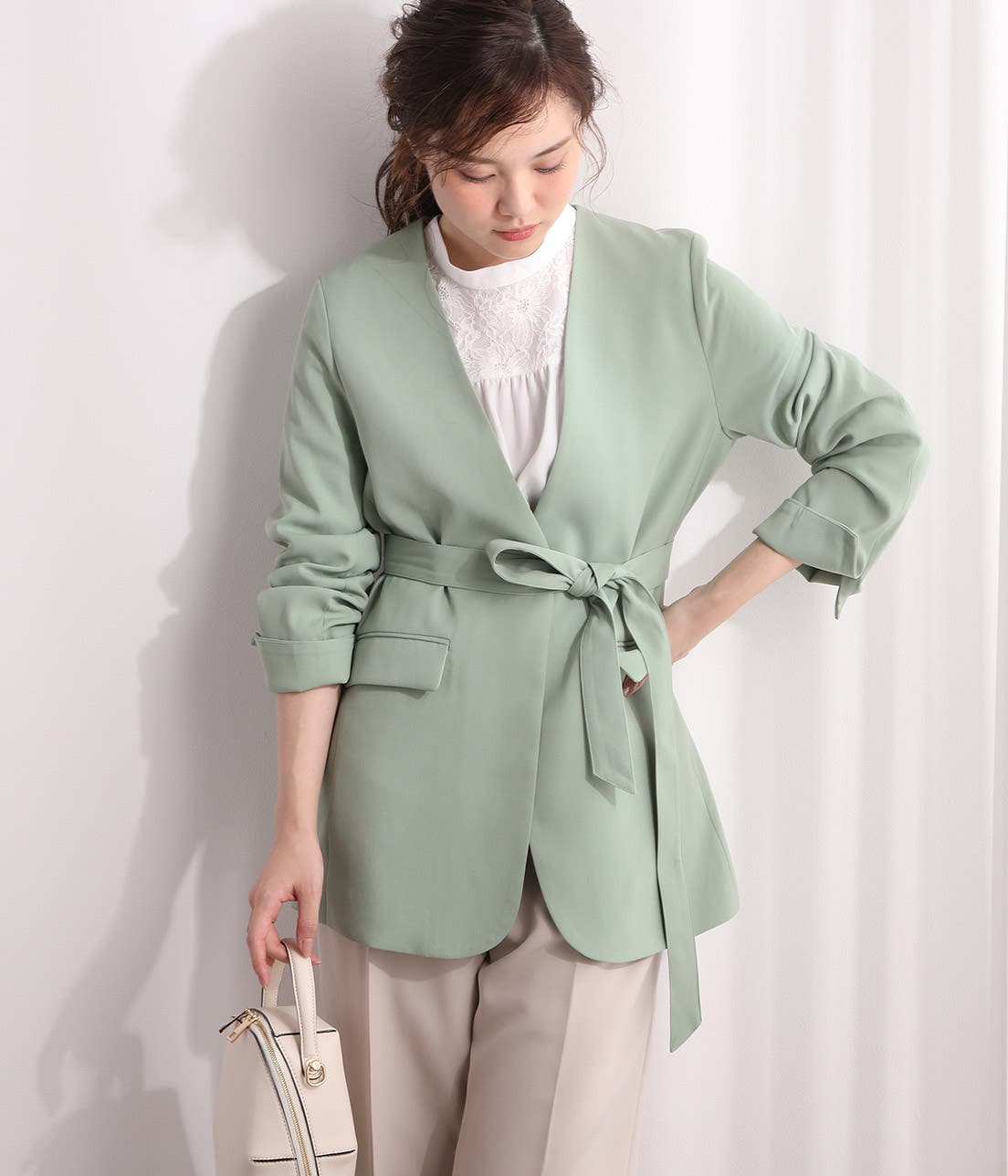 セットアップ対応】【EASY CARE】ベルトつきノーカラーコート[品番