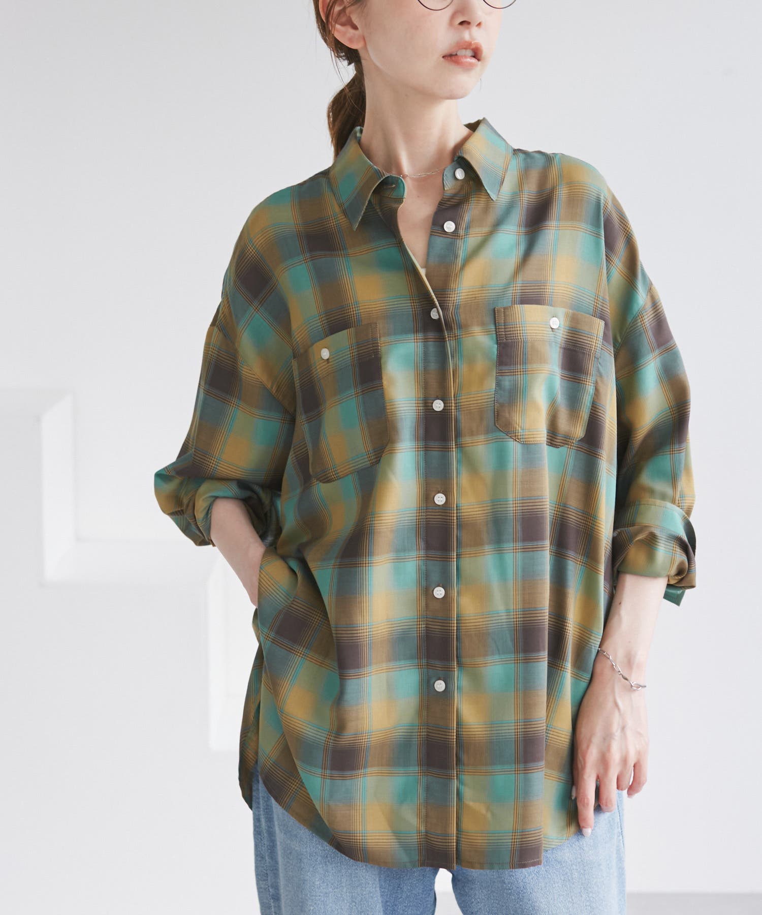 【美品】ヘンリクビブスコフ　変形　シャツ　カットソー　チェック　オーバーサイズ オンブレチェックシャツ/UVケア[品番：RPCW0050398]｜ROPE' PICNIC