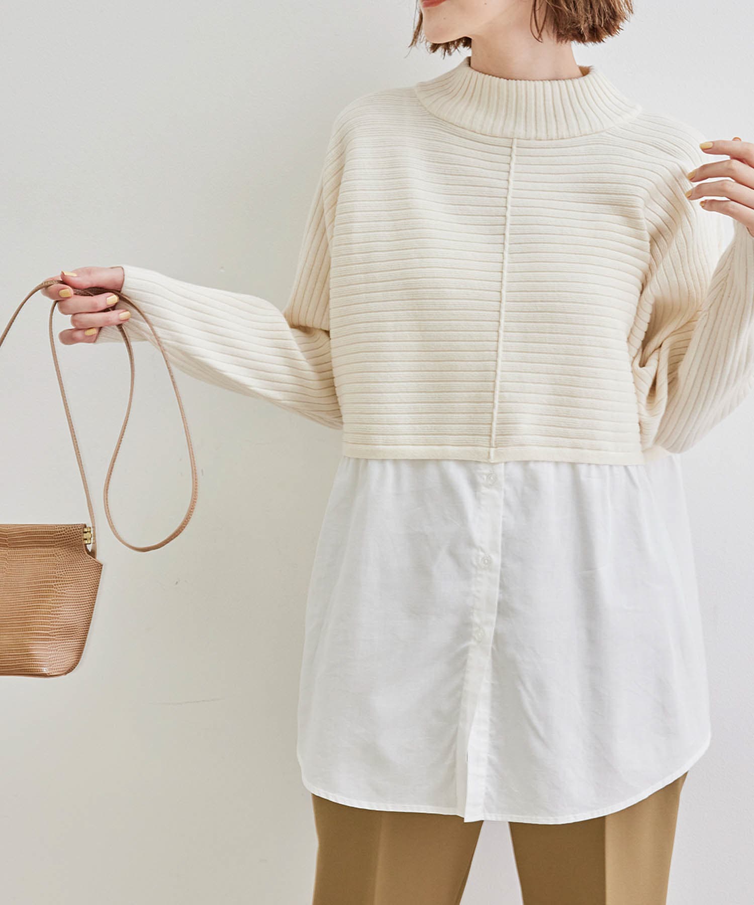 春まで着られる】シャツドッキングショート丈ニットプルオーバー[品番