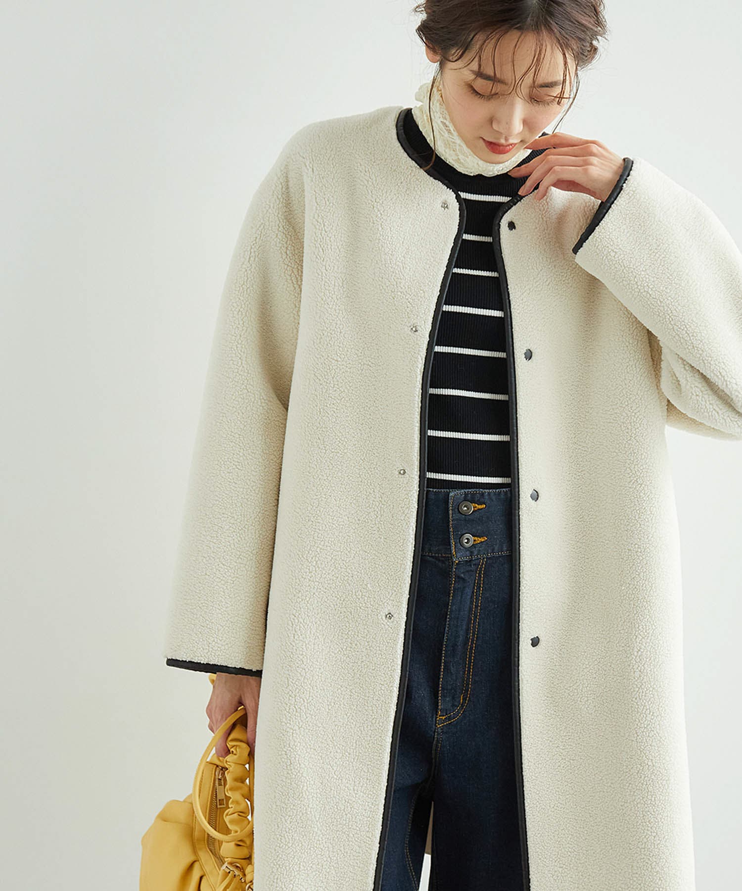 フェイクレザーパイピングボアコート[品番：RPCW0026920]｜ROPE