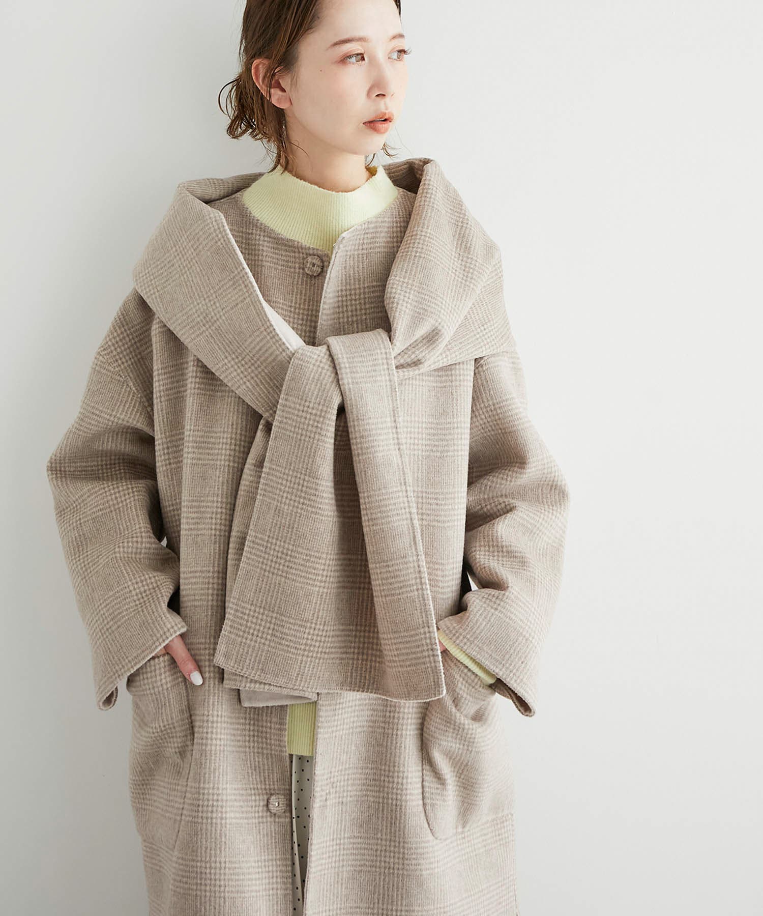 ウール混ストール付き配色リバーコート[品番：RPCW0023934]｜ROPE