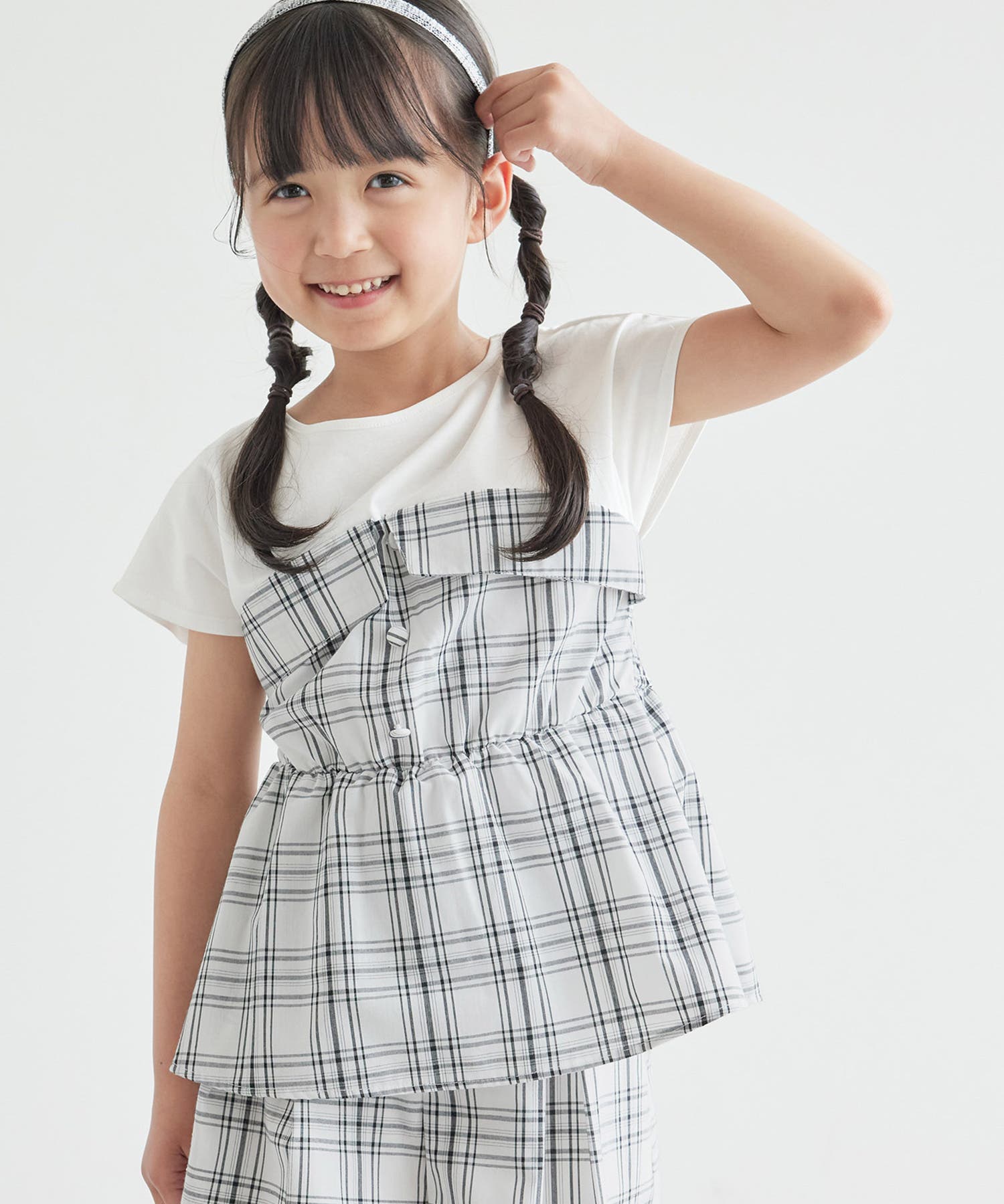 新品未使用　訳あり　チェックレイヤードトップス 150cm KIDS】レイヤード風チェックドッキングチュニック/セットアップ