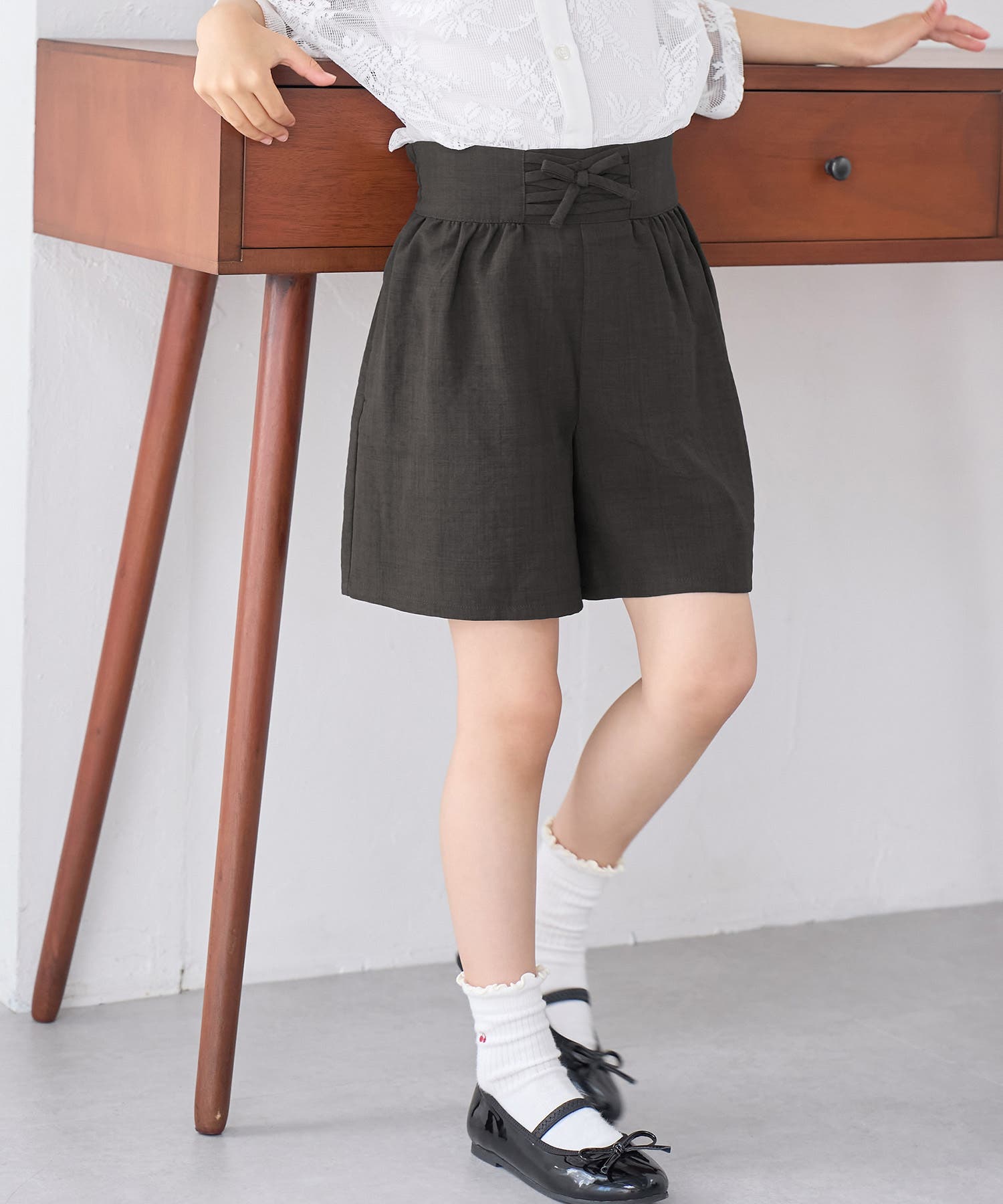 yaeca リネン リボン　キュロット (unisex) KIDS】リンクコーデ/麻調編み上げキュロットパンツ[品番