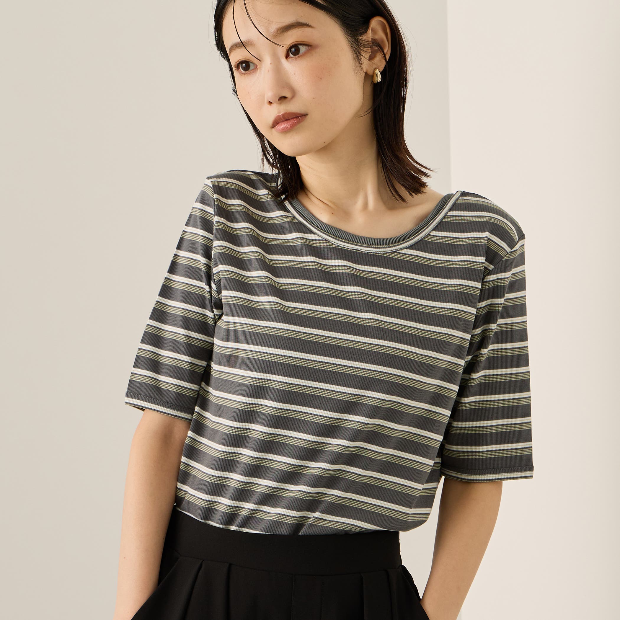 ランダムリブボーダーハーフスリーブカットソー≪手洗い可能≫[品番