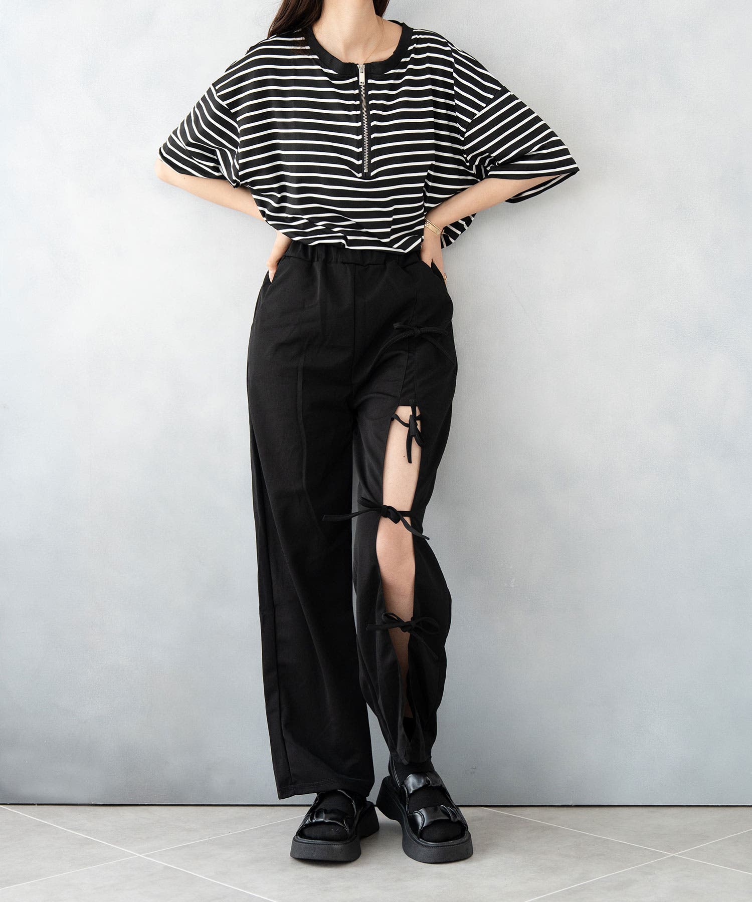 リボン開き見せハイウエストパンツ[品番：SHUK0001986]｜SHUSHU
