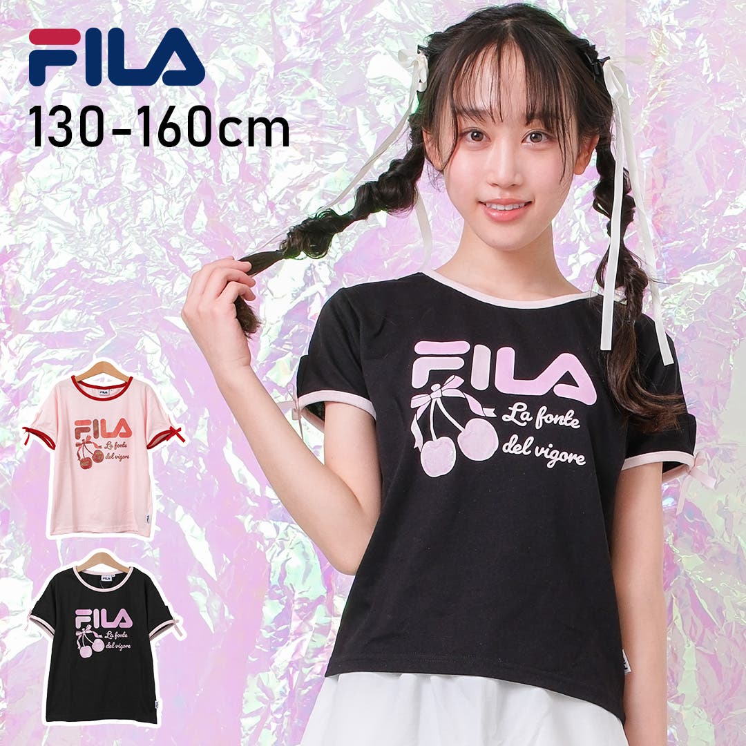 FILA ブラック Tシャツ キュロット セット FILA キッズ 袖あきリボンTシャツ[品番：SHUK0002064]｜子ども服