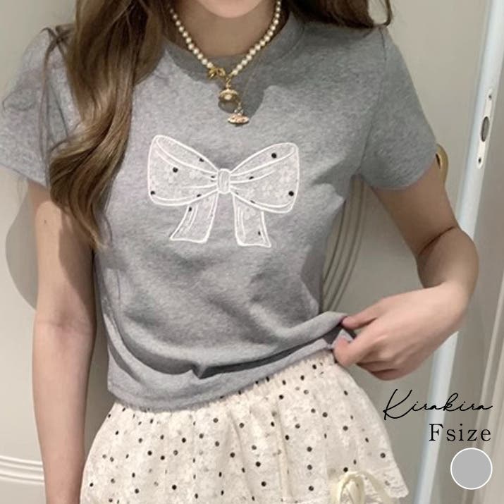 国内外の人気 リボンレース刺繍Tシャツ フィット[品番：IK000008093 トップス トップス