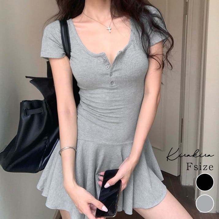 ヘンリーネックタイトミニワンピース 2色 ミニワンピース[品番