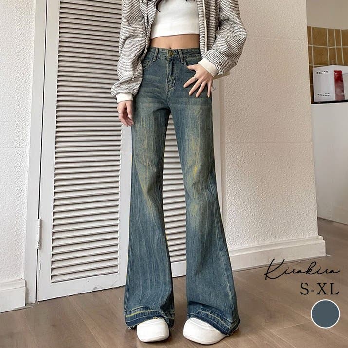 ダメージフレアデニムパンツ 4サイズ ボトムス[品番：IK000008237