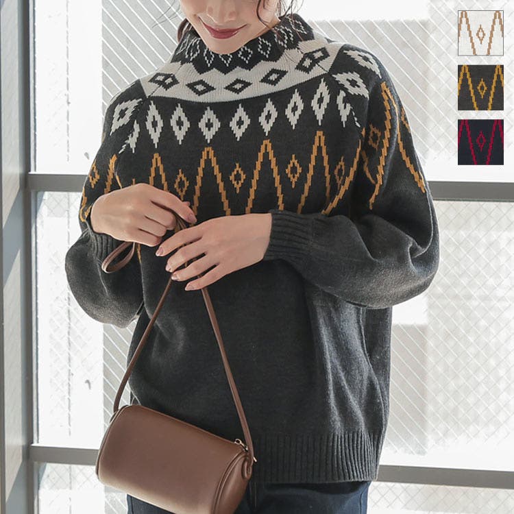 ノルディック柄モックネックもっちりニットプルオーバートップス