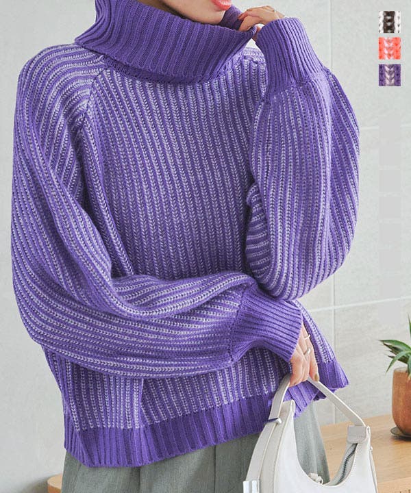 ボリュームスリーブストライプニットトップス［C6293］[品番