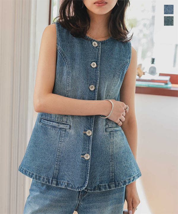 エストネーション 25SS コンパクトデニムジレ ベスト 前開き 38 紺 ESTNATION - エストネーション 25SS コンパクトデニムジレ ベスト 前