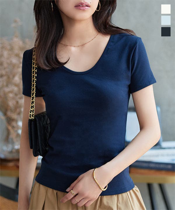 深Uネック半袖シンプルTシャツ［C7609］ tシャツ 半袖[品番