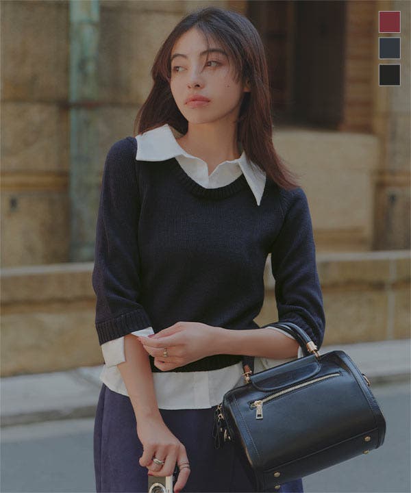 美品　エンフォルド　ニットレイヤードブラウス　ウールニット　ネイビー　38 ENFOLD(エンフォルド) ウールリブビブレイヤードニットプルオーバー