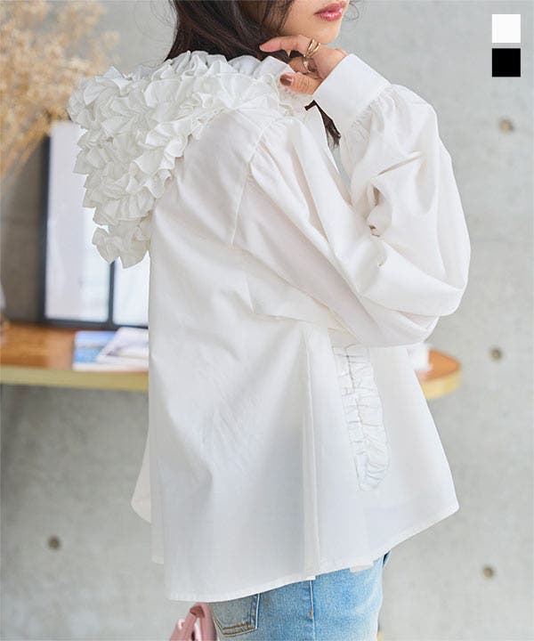 ワンダフルワールド　フードブラウス　フリル　ホワイト　レディース　リボン　古着 ワンダフルワールドフードブラウスフリルホワイトレディースリボン古着
